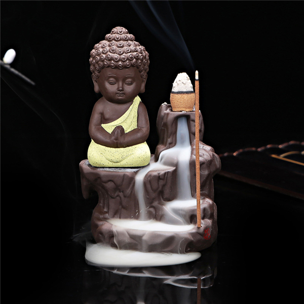 yellow Small statue  Buddha  Ceramic incense burner backflow 6