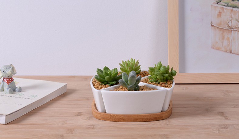 Vaso triangular de cerâmica branca com base de bambu