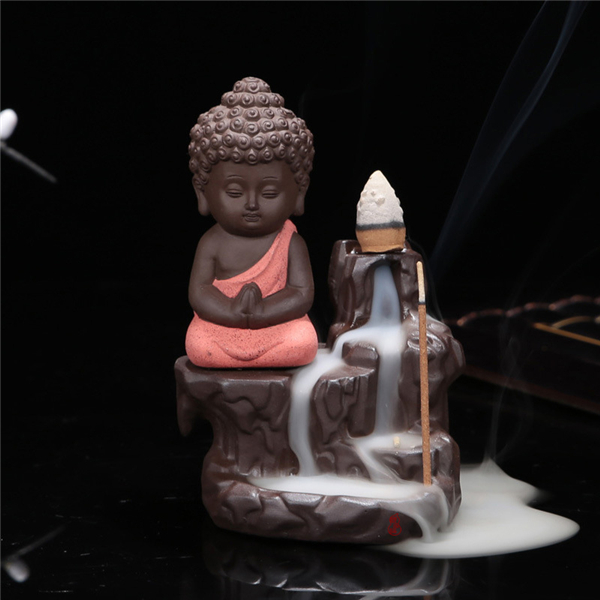 Incense Burner Backflow Tower Cones Sticks Holder Ceramic Porcelain Buddha Monk Ash Catcher- RED 2