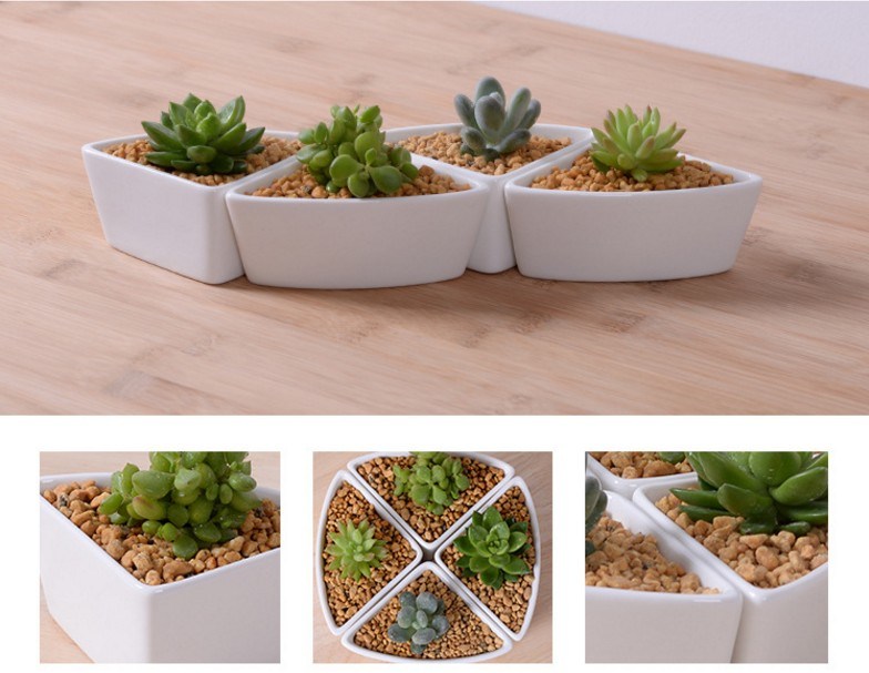 Vaso triangular de cerâmica branca com base de bambu