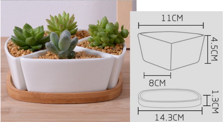 Vaso triangular de cerâmica branca com base de bambu