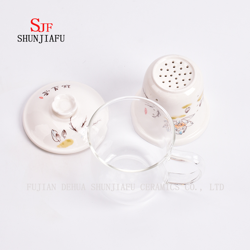 Canecas de cer&acirc;mica Copo de ch&aacute; de vidro de parede dupla Caneca transparente criativa Conjunto de tr&ecirc;s pe&ccedil;as com filtro e tampa Canecas de ch&aacute; de flor rosa Copo de cer&acirc;mica de vidro