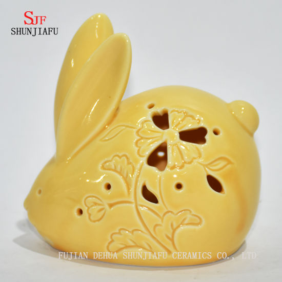 Presentes de Natal de coelho amarelo pequeno e decoração Conjunto de suporte de vela de cerâmica Tealight