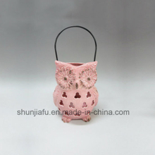 Lanterna cor-de-rosa cerâmica do suporte de vela da coruja Tealight.