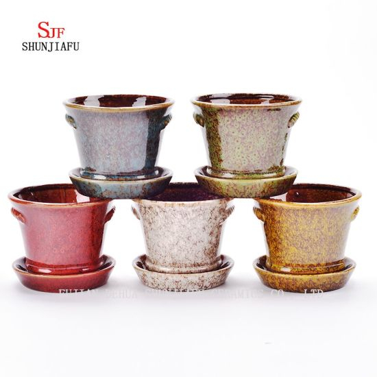 Conjunto de plantador de esmalte de fluxo cerâmico de esmalte cerâmico plantador de vaso suculento