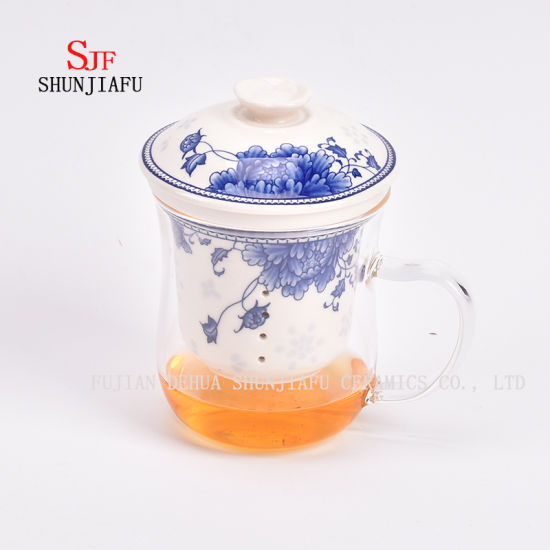 Xícara de chá para escritório e para casa, filtro de cerâmica e copo de vidro de borosilicato, copos de chá de vidro com tampa
