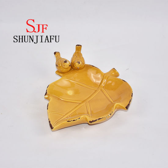 Placas em forma de folha de bordo cerâmica, prato decorativo com pássaros