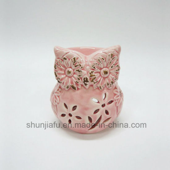 Suporte Tealight Coruja Rosa Cerâmica