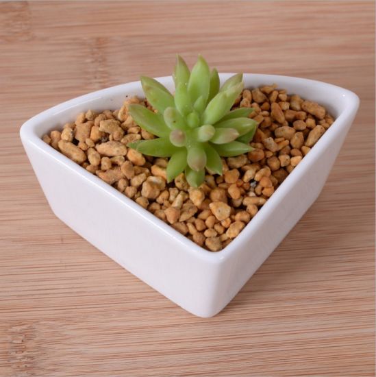 Vaso triangular de cerâmica branca com base de bambu