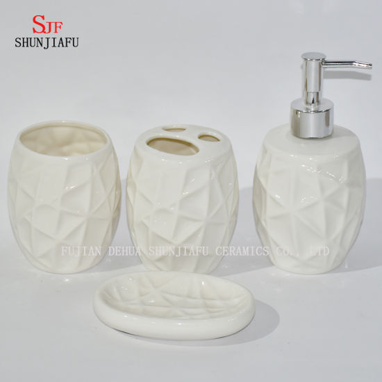 4 peças / conjunto Conjunto de acessórios de banheiro em cerâmica branca /, copo, saboneteira e dispensador