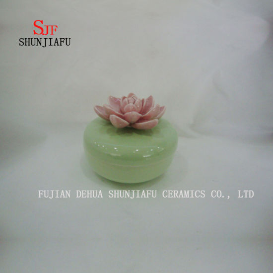 Caixa de jóias de cerâmica com tampa de flor rosa azul
