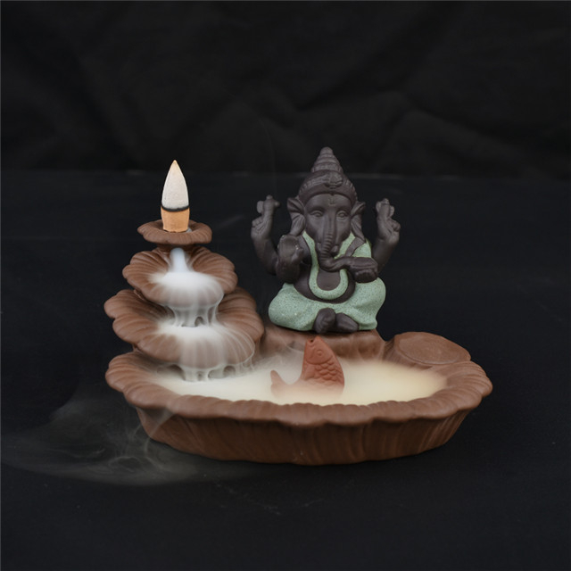 Suportes da vara verde Ganesha Backflow Queimador de Incenso Elefante Deus Emblema Auspicioso e vaso de vidro Sucesso Cone de cerâmica Incensário Decoração da sua casa