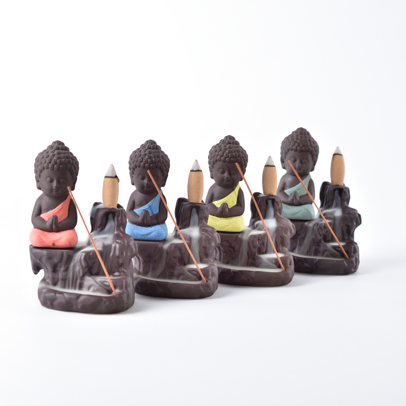 Incensos de cerâmica Queimador de incenso Torre de refluxo Cones Sticks Holder Porcelana de cerâmica Buddha Monk Ash Catcher- Blue