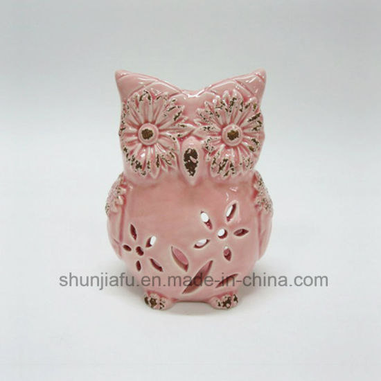 Suporte Tealight Coruja Rosa Cerâmica