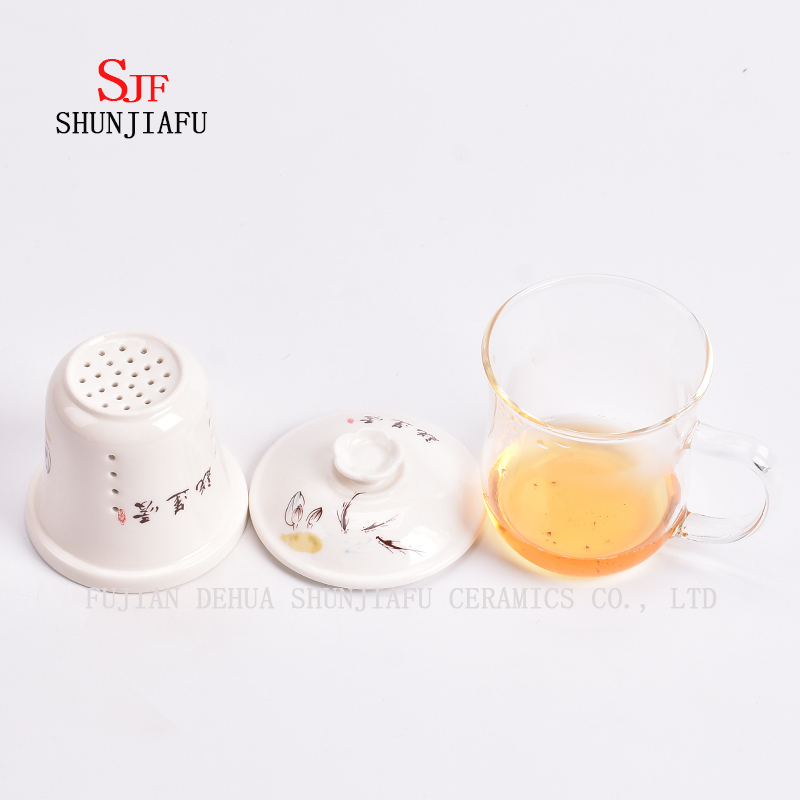 Canecas de cer&acirc;mica Copo de ch&aacute; de vidro de parede dupla Caneca transparente criativa Conjunto de tr&ecirc;s pe&ccedil;as com filtro e tampa Canecas de ch&aacute; de flor rosa Copo de cer&acirc;mica de vidro