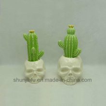 Cactus em cerâmica com cabeça de caveira
