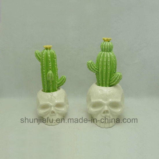 Cactus em cerâmica com cabeça de caveira