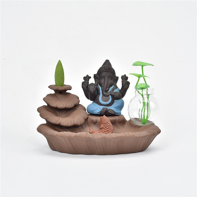 Titulares da vara azul Ganesha Backflow Queimador de Incenso Elefante Deus Emblema Auspicioso e vaso de vidro Sucesso Cone de cerâmica Incensário Decoração da sua casa