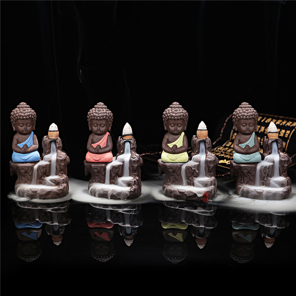 Incensos de cerâmica Queimador de incenso Torre de refluxo Cones Sticks Holder Porcelana de cerâmica Buddha Monk Ash Catcher- Blue