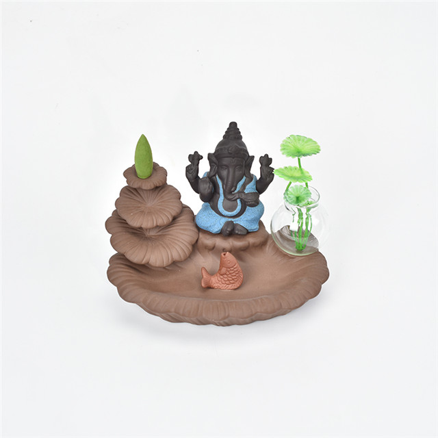 Titulares da vara azul Ganesha Backflow Queimador de Incenso Elefante Deus Emblema Auspicioso e vaso de vidro Sucesso Cone de cerâmica Incensário Decoração da sua casa