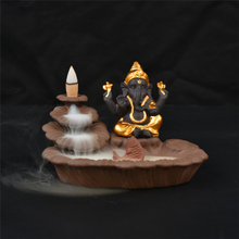 Titulares da vara de ouro Ganesha Backflow Queimador de Incenso Elefante Deus Emblema Auspicioso e vaso de vidro Sucesso Cone de cerâmica Incensário Decoração da sua casa
