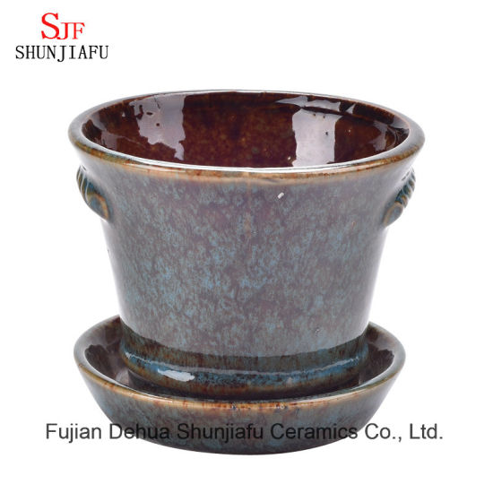 Conjunto de plantador de esmalte de fluxo cerâmico de esmalte cerâmico plantador de vaso suculento