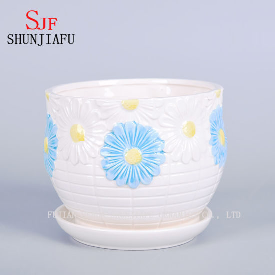 Vaso de plantador gigante branco e azul da margarida Design Saucer