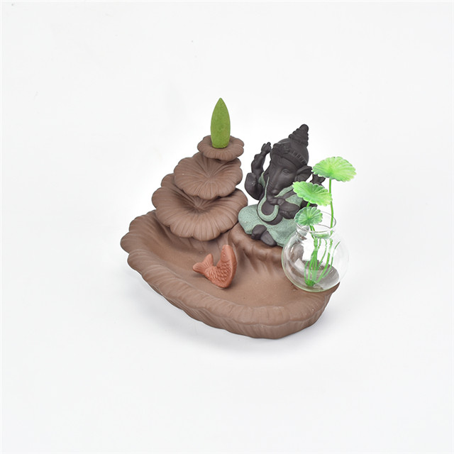 Suportes da vara verde Ganesha Backflow Queimador de Incenso Elefante Deus Emblema Auspicioso e vaso de vidro Sucesso Cone de cerâmica Incensário Decoração da sua casa