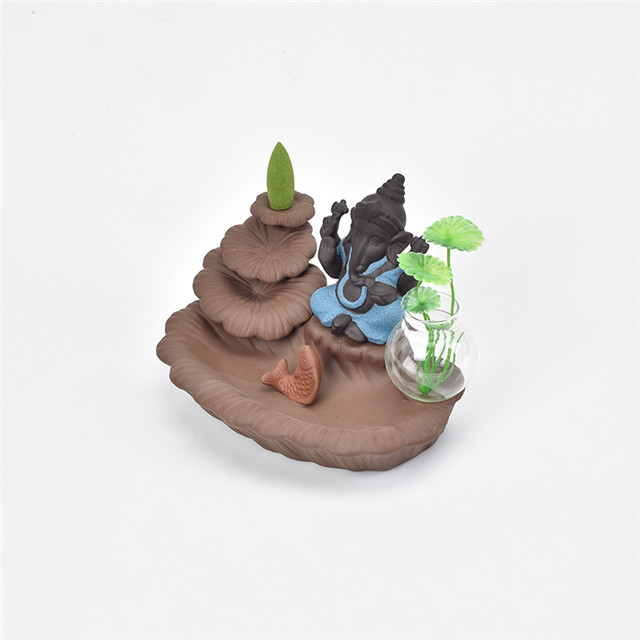 Titulares da vara azul Ganesha Backflow Queimador de Incenso Elefante Deus Emblema Auspicioso e vaso de vidro Sucesso Cone de cerâmica Incensário Decoração da sua casa
