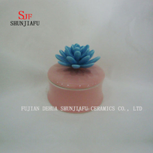 Caixa de jóias de cerâmica com tampa de flor rosa azul