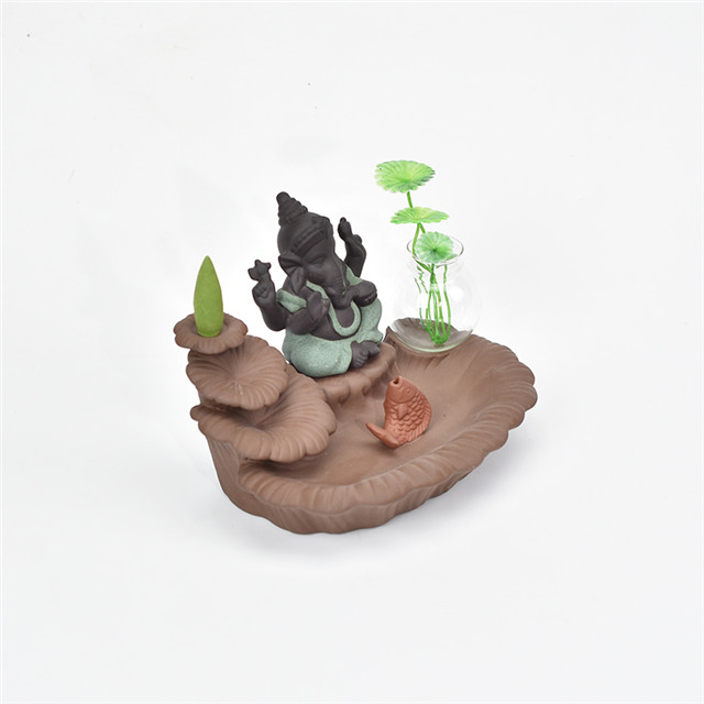 Suportes da vara verde Ganesha Backflow Queimador de Incenso Elefante Deus Emblema Auspicioso e vaso de vidro Sucesso Cone de cerâmica Incensário Decoração da sua casa