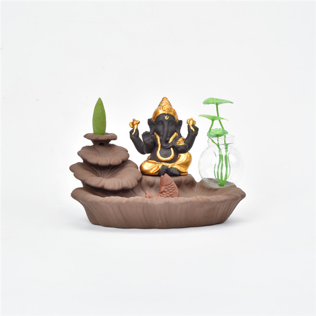 Titulares da vara de ouro Ganesha Backflow Queimador de Incenso Elefante Deus Emblema Auspicioso e vaso de vidro Sucesso Cone de cerâmica Incensário Decoração da sua casa