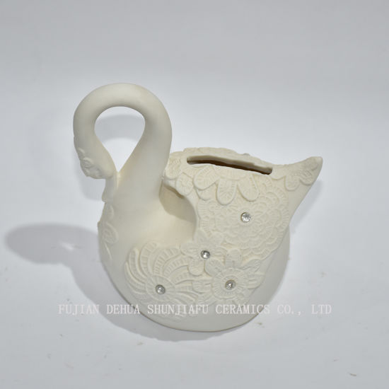 Banco de cisnes de cerâmica com cristal artificial, faz um presente único perfeito, berçário Dé Cor, lembrança, cofrinho Orsavings para crianças, branco