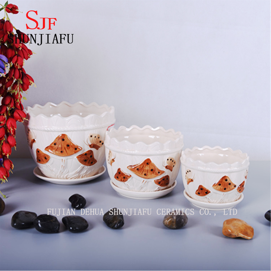 Conjunto de Cer&acirc;mica de 3 Vaso com Padr&atilde;o de Cogumelos