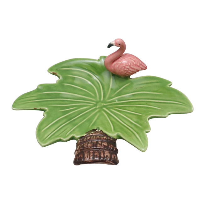 Folhas de coco em cerâmica com alça e placa Flamingo rosa