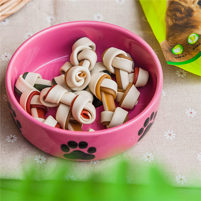 com pegadas de cachorro Impressão Circular Osso impresso na tigela Alimento para cães de cerâmica Alimentador de pet rosa Cerâmica rosa Pet Alimentador de cerâmica rosa