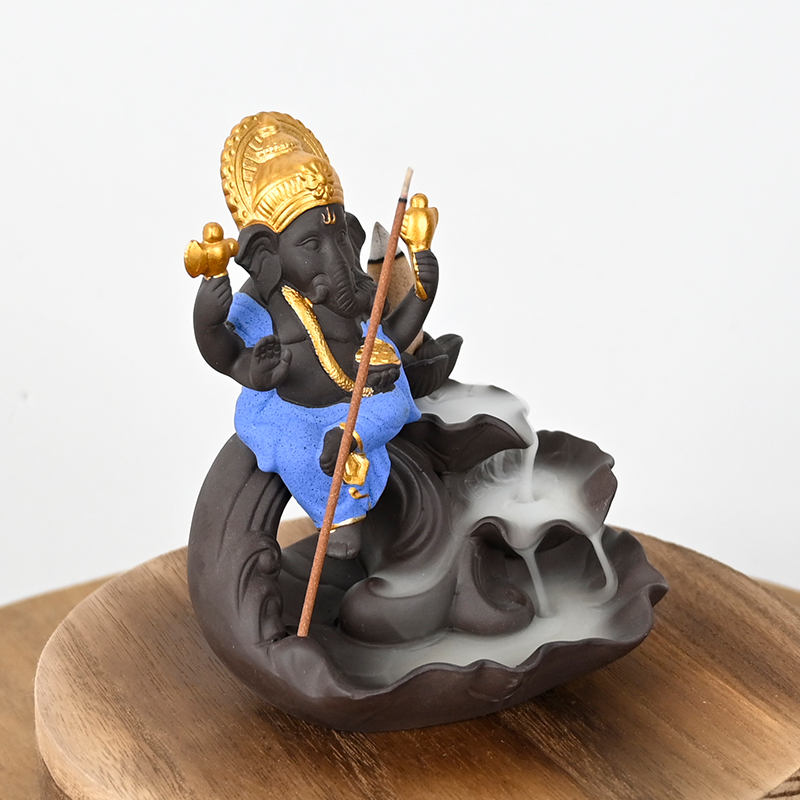 Queimador de incenso de retrocesso em cascata de cerâmica azul estilo Ganesha