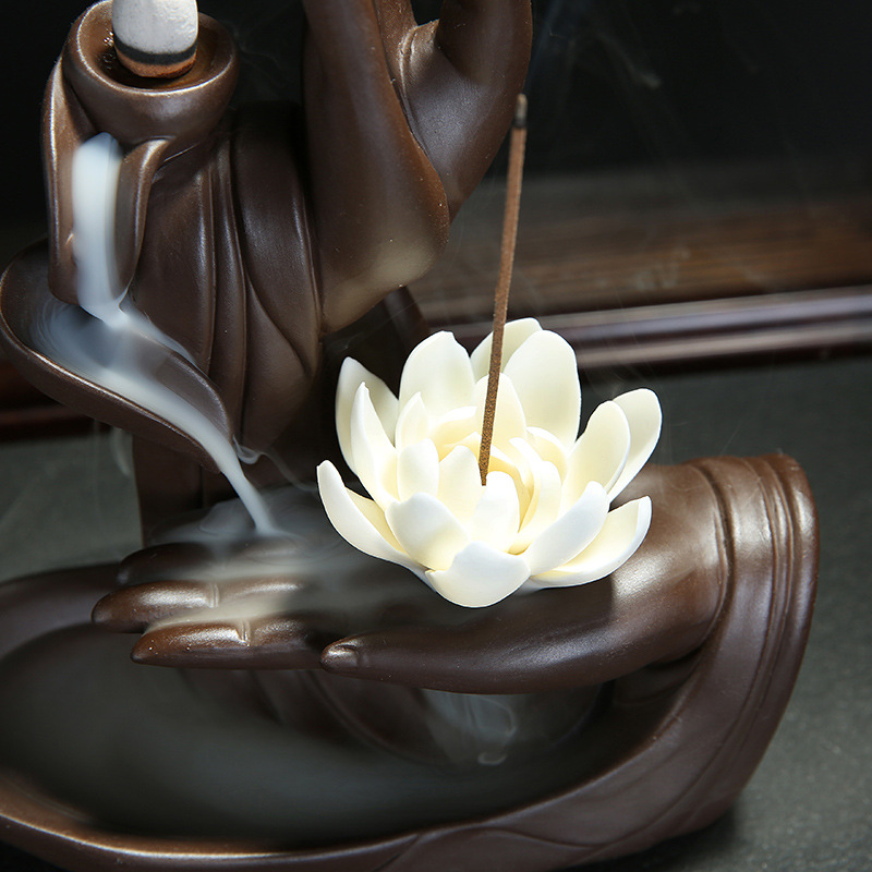 Buddha de cerâmica - Holding Flor Cachoeira Backflow Incense Burner