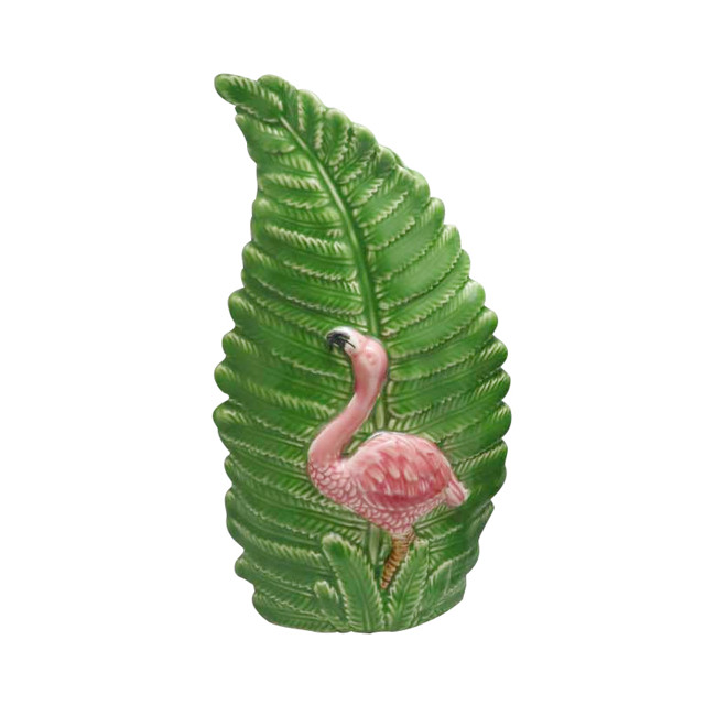 Vaso de folha de cerâmica verde em vaso rosa Flamingo em relevo