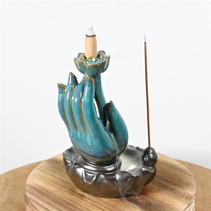 Buda de cerâmica Mãos Blue Backflow Incense Burner