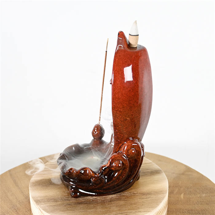 Red Cerâmica de Lótus Folha Estátua Cachoeira Cachoeira Borno Incenso Burner