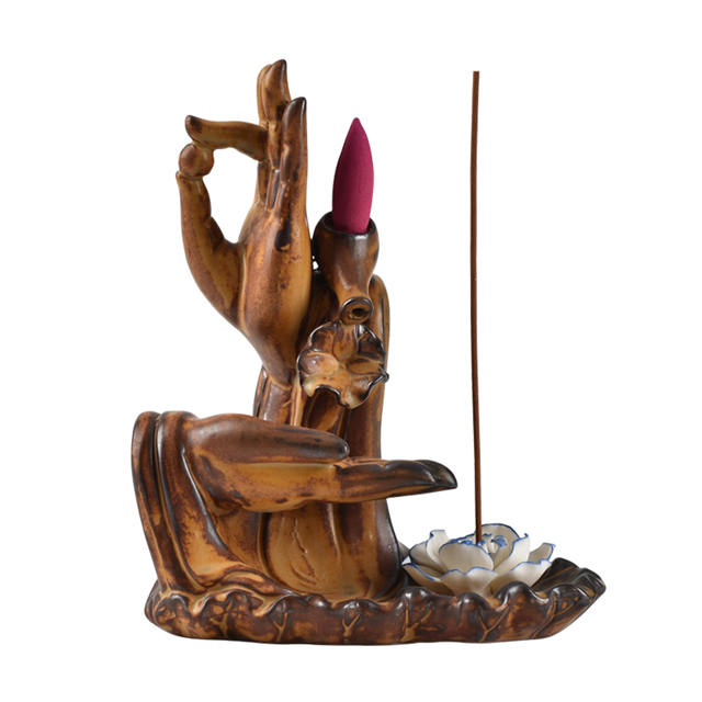 Cor marrom Com as Mãos de Buda Estilo Flor Refluxo Incensário de cerâmica Queimador de incenso de cerâmica