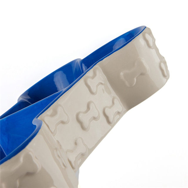 Anaglyph bones Bowl Bottom Blue Bone Shape Double Bowl Design Dog Bowl Bacia de alimentos de cerâmica Bacia de alimentos para animais de estimação Bacia de alimentos para animais de estimação adorável