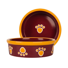 Bacia redonda da cor do café Bacia da borda inferior Impressão de pegadas de cachorro de imagem Tigela de cerâmica para cães Alimentador de cerâmica para animais