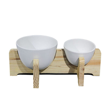 Alimentador de Cerâmica para Animais de Estimação Utensílio de Cerâmica Branca para Alimentos para Animais de Estimação Suporte de Bambu Tigela de Cerâmica para Cães