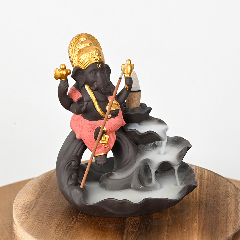 Queimador de incenso de retrocesso em cascata de cerâmica vermelha estilo Ganesha