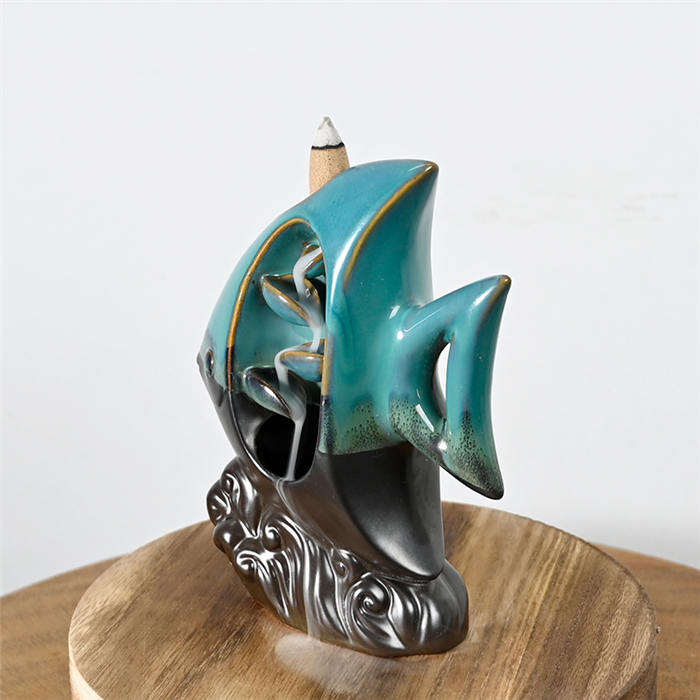  Blue Ceramic Fish Cachowflow Backfense Burner Ornament Waterfall Backflow Incense Cone