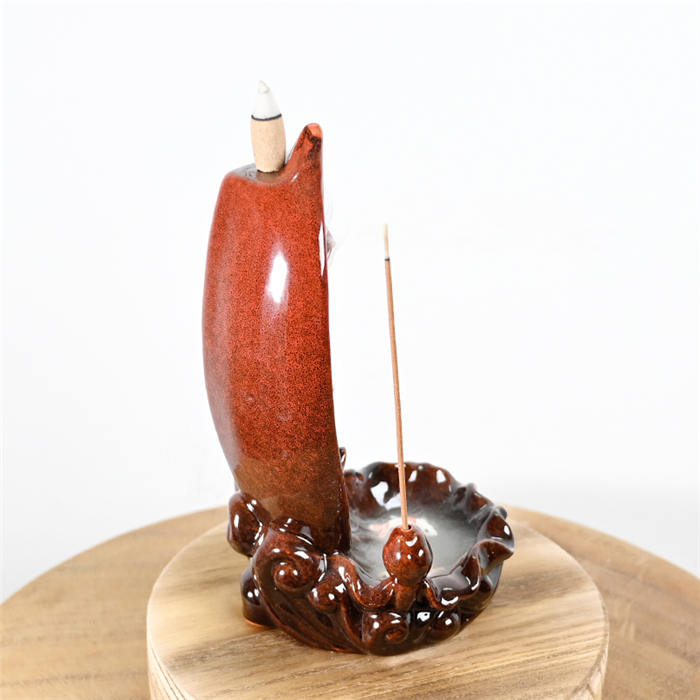 Red Cerâmica de Lótus Folha Estátua Cachoeira Cachoeira Borno Incenso Burner