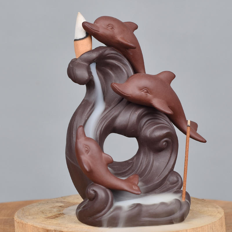 Queimadores de incenso de refluxo de golfinhos cerâmicos de produtos de estátua de animais marinhos