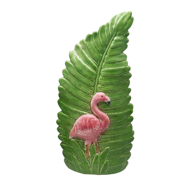 Vaso de folha de cerâmica verde em vaso rosa Flamingo em relevo